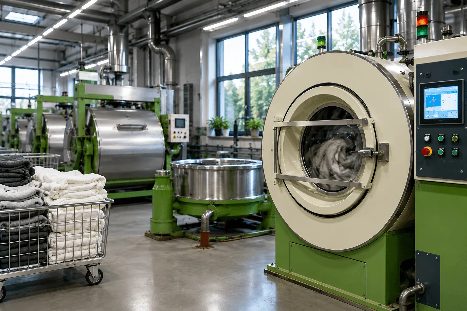 Installation for industrial scouring of wool and fiber in a closed water loop